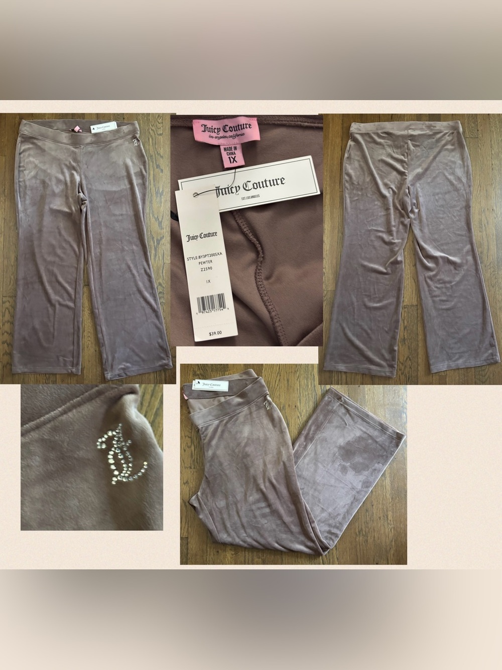 NWT Juicy Couture Pewter Velour Wide Leg Lounge Pants Rhinestone JC